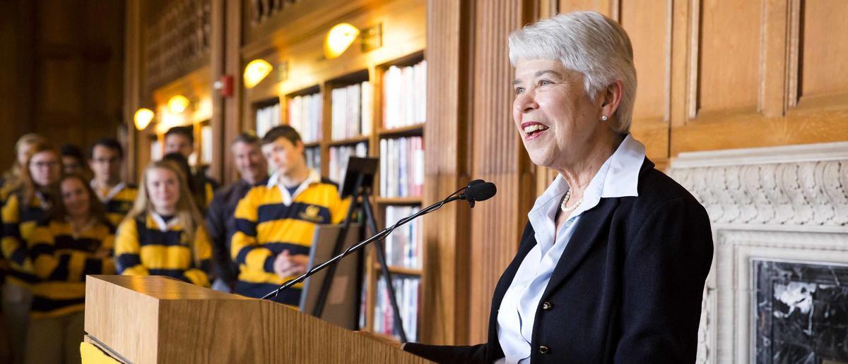 Chancellor Carol Christ speaking in Doe Library