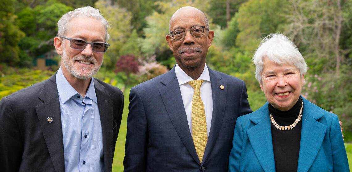 rich lyons posing with president drake and former chancellor carol christ