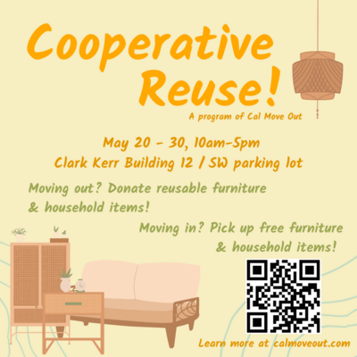  May 20 to 30, 10 am to 5 pm, Southwest Parking lot of Clark Kerr. Donate your reusable furniture. Take home gently-used furniture and household items!